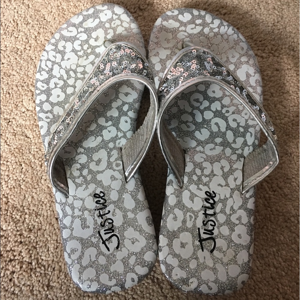 Sparkly Silver and White Justice Heeled Flip Flops